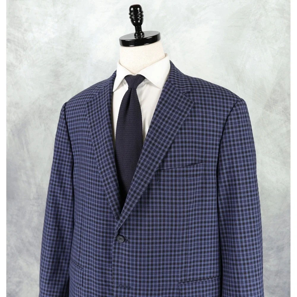Samuelsohn Sport Coat Mens 48R Super 120s Wool Gingham Plaid Blue Blazer Jacket